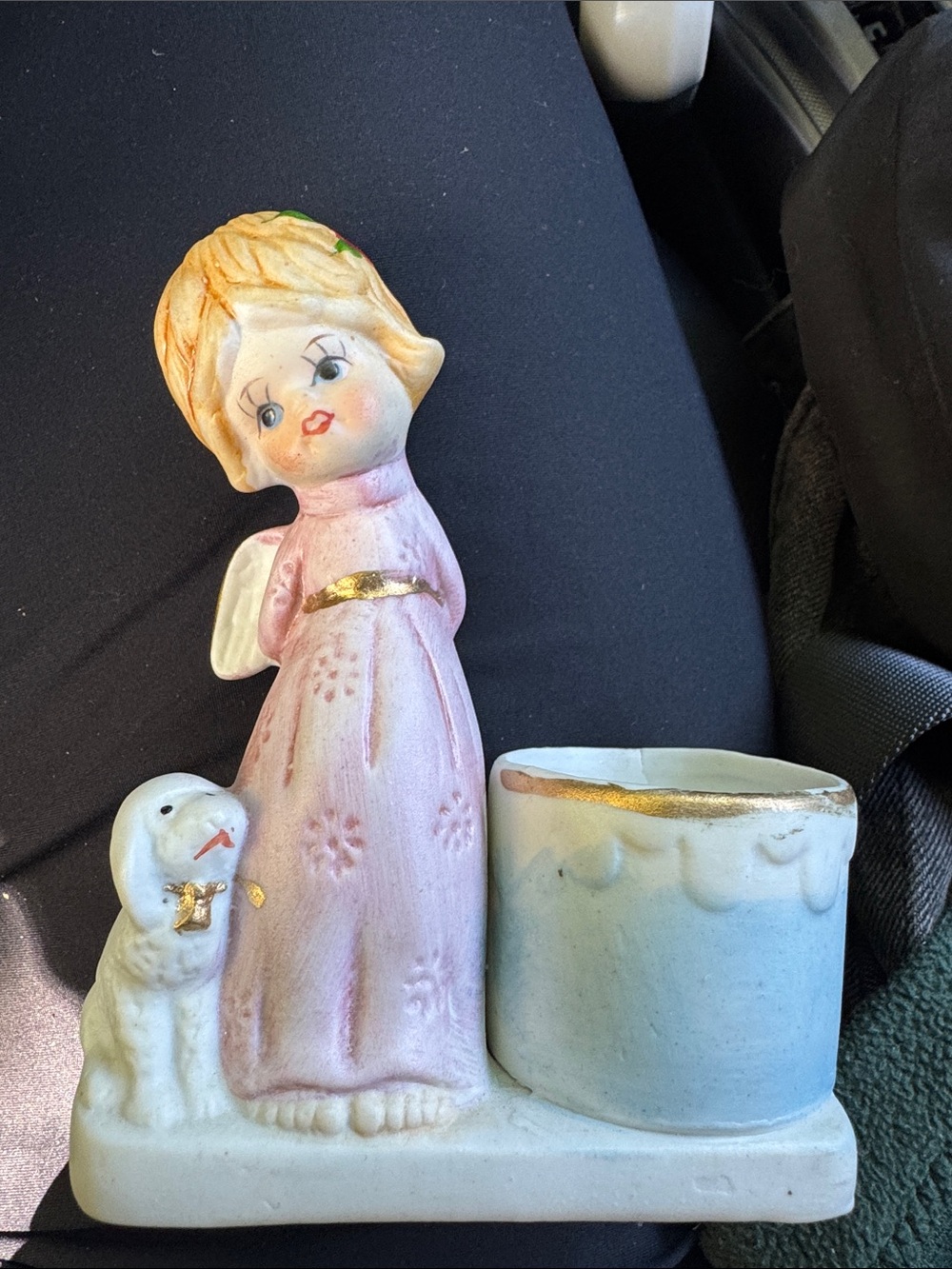Angel Candle Holder Angel And Lamb Pink Figurine Votive Vtg Jasco 1978
